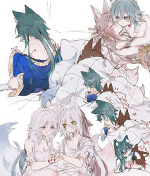  2girls animal_ear_fluff animal_ears blue_kimono closed_eyes closed_mouth commentary cuddling fox_ears fox_girl fox_tail fud gradient_hair green_eyes green_hair highres holding_hands honkai:_star_rail honkai_(series) hug japanese_clothes kimono kissing long_hair multicolored_hair multiple_girls nude purple_eyes red_hair smile symbol-only_commentary tail tingyun_(honkai:_star_rail) under_covers yukong_(honkai:_star_rail) yuri 