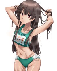  abs absurdres arms_up bare_shoulders blunt_bangs brown_hair buruma closed_mouth collarbone commentary_request cowboy_shot female green_buruma hair_flowing_over highres hime_cut juujou_hiyori long_hair looking_at_viewer mashitono_desu navel race_bib red_eyes solo standing stomach sweat toji_no_miko white_background 