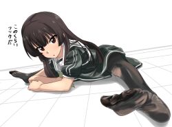  absurdres black_pantyhose blunt_bangs brown_eyes brown_hair commentary_request dress feet female foot_focus green_dress heijou_institute_school_uniform highres hime_cut juujou_hiyori long_hair looking_at_viewer mashitono_desu no_shoes pantyhose parted_lips sailor_collar school_uniform short_sleeves soles solo spread_legs toji_no_miko white_sailor_collar 