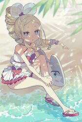  alternate_costume alternate_hairstyle bare_legs beatrice_(re:zero) blonde_hair blue_eyes blush butterfly-shaped_pupils character_print commentary_request drill_hair drill_ponytail eyelashes female floating_hair full_body hair_ribbon highres long_hair looking_at_viewer one-piece_swimsuit parupin puck_(re:zero) re:zero_kara_hajimeru_isekai_seikatsu ribbon sand sandals shore sidelocks sitting solo swimsuit symbol-shaped_pupils toes water white_one-piece_swimsuit white_ribbon 