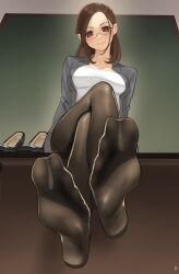  absurdres black_pantyhose brown_hair desk feet female foot_focus glasses highres jacket looking_at_viewer medium_hair miru_tights nikishiko no_shoes okuzumi_yuiko on_desk pantyhose polished_shoes round_eyewear semi-rimless_eyewear skirt skirt_suit smile soles suit teacher thighband_pantyhose toes yellow-framed_eyewear 