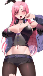  animal_ears bare_shoulders belt belt_buckle black_hair black_pants black_tube_top blush breasts buckle collarbone commentary fake_animal_ears female fur-trimmed_jacket fur_trim headphones headphones_around_neck highres hololive hololive_english jacket jewelry large_breasts lessone long_hair looking_at_viewer mori_calliope mori_calliope_(9th_costume) multicolored_hair navel necklace open_clothes open_jacket pants pantyhose pink_eyes pink_hair purple_belt purple_jacket rabbit_ears simple_background solo stomach strapless streaked_hair tongue tongue_out torn_clothes torn_pantyhose tube_top virtual_youtuber white_background 