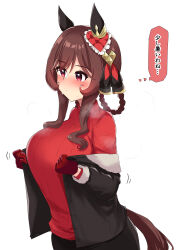  absurdres animal_ears black_jacket blush breasts brown_hair commentary_request ear_covers female gentildonna_(umamusume) gloves gryebooks highres horse_ears horse_girl horse_tail jacket large_breasts medium_hair red_eyes red_gloves red_sweater simple_background solo sweater tail thought_bubble translated umamusume white_background 