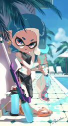  artist_name bare_shoulders black_sarong black_shirt blue_eyes blue_hair blue_tongue breasts colored_tongue commentary_request crop_top earrings female flip-flops full_body highres ink_tank_(splatoon) inkling inkling_girl inkling_player_character jewelry long_hair looking_at_viewer midriff navel orange_footwear outdoors palm_tree parted_lips pink_eyes pointy_ears poolside sandals sarong shiohi shirt sleeveless sleeveless_shirt solo splat_charger_(splatoon) splatoon_(series) standing tassel tassel_earrings tentacle_hair tree two-tone_eyes wringing_hair 