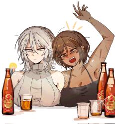  alcohol arczaeon black_dress breasts brown_eyes brown_hair cleavage closed_mouth collarbone cup dark-skinned_female dark_skin dress drooling drunk faust_(project_moon) grey_hair hair_between_eyes highres large_breasts limbus_company long_hair medium_hair multiple_scars open_mouth outie_navel project_moon scar scar_on_arm simple_background sweater teeth turtleneck turtleneck_sweater upper_teeth_only white_background white_eyes white_sweater 