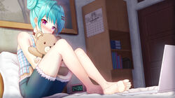  bare_arms bare_shoulders barefoot blue_hair blue_shorts blush calendar_(object) camisole clock closed_mouth commentary commission computer digital_clock double_bun english_commentary feet female fur-trimmed_shorts fur_trim hair_bun hair_intakes hair_ornament hairclip highres hugging_object indoors laptop looking_at_viewer nose_blush on_bed original patrick_star pillow plaid prophosphere purple_eyes seven-segment_display short_shorts shorts sitting smile soles solo spongebob_squarepants spongebob_squarepants_(series) stuffed_animal stuffed_toy teddy_bear toes 