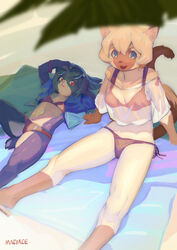  2020 absurd_res anthro beach beach_towel bikini bikini_bottom bikini_top black_body black_fur black_hair blue_eyes bottomwear breasts brown_body brown_fur clothed clothing domestic_cat duo eyewear felid feline felis female flat_chested fur hair hi_res kemono lagomorph leporid looking_at_viewer lying magiace mammal mouth_closed multicolored_body multicolored_fur on_back open_mouth open_smile palm_tree plant rabbit ranta_(magiace) red_eyes repoussoir scut_tail seaside shadow short_hair short_tail siamese siamu_(magiace) sitting small_breasts smile smiling_at_viewer sunglasses swimwear tail tan_body tan_fur tan_hair towel tree two_tone_body two_tone_fur white_body white_fur 