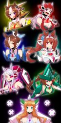  6+girls absurdres akatsuki_kirika akatsuki_kirika_(cosplay) alternate_costume animal_ears annotated aura bare_shoulders black_background blue_eyes blunt_bangs braid breasts brown_eyes brown_hair cleavage clenched_hands cosplay daiwa_scarlet_(umamusume) french_braid gauntlets gold_ship_(umamusume) hair_between_eyes hair_intakes hair_over_one_eye headgear high_ponytail highres horse_ears horse_girl index_fingers_raised kazanari_tsubasa kazanari_tsubasa_(cosplay) kohinata_miku kohinata_miku_(cosplay) light_purple_hair long_hair maria_cadenzavna_eve maria_cadenzavna_eve_(cosplay) mejiro_mcqueen_(umamusume) multicolored_hair multiple_girls orange_hair purple_eyes senki_zesshou_symphogear sidelocks silence_suzuka_(umamusume) special_week_(umamusume) tachibana_hibiki_(symphogear) tachibana_hibiki_(symphogear)_(cosplay) tiara tokai_teio_(umamusume) tsukuyomi_shirabe tsukuyomi_shirabe_(cosplay) twintails two-tone_hair umamusume vodka_(umamusume) white_hair yonedatomo_mizu yukine_chris yukine_chris_(cosplay) 