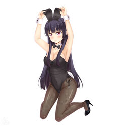  absurdres animal_ears armpits arms_up black_bow black_bowtie black_hair black_leotard black_pantyhose bow bowtie breasts commentary_request detached_collar fake_animal_ears female fishnet_pantyhose fishnets full_body highres kneeling large_breasts leotard long_hair looking_at_viewer original pantyhose playboy_bunny rabbit_ears rabbit_tail red_eyes sainohikari solo strapless strapless_leotard tail wrist_cuffs 