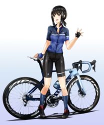  alternate_costume bicycle bike_shorts black_eyes black_footwear black_hair black_shorts blue_shirt commentary_request cycling_uniform female fingerless_gloves fubuki_(kancolle) gloves grey_socks highres kantai_collection kazu_(really_in_hot_water_now) long_hair low_ponytail multicolored_clothes multicolored_gloves ponytail shirt short_ponytail shorts sidelocks socks solo standing waving 