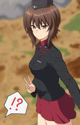  ada_badguy blush breasts brown_eyes brown_hair closed_mouth female girls_und_panzer hat highres kuromorimine_military_uniform looking_at_viewer medium_breasts military military_uniform miniskirt nishizumi_maho outdoors pleated_skirt red_skirt shiny_skin short_hair skirt smile solo standing uniform v 