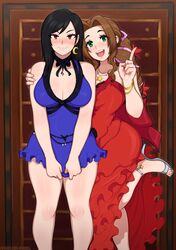  2girls aerith_gainsborough afrobull arm_around_shoulder bare_shoulders black_hair blush bow bowtie breasts brown_eyes brown_hair cleavage crescent crescent_earrings curvy dress dress_tug earrings final_fantasy final_fantasy_vii final_fantasy_vii_remake green_eyes hair_ribbon high_heels highres jewelry leg_up long_hair multiple_girls necklace ribbon sleeveless smile star_(symbol) star_necklace tifa_lockhart 