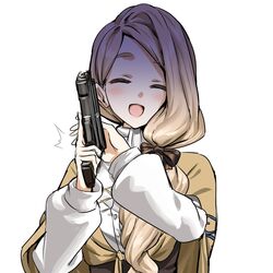  :d ^_^ athenawyrm blush bow brown_bow brown_capelet brown_hair capelet closed_eyes commentary english_commentary facing_viewer female fire_emblem fire_emblem:_three_houses garreg_mach_monastery_uniform gun hairbow handgun holding holding_gun holding_weapon long_hair long_sleeves mercedes_von_martritz open_mouth shirt simple_background smile solo upper_body weapon white_background white_shirt 