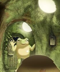  2others commentary_request door doorway frog goodbye hachiya_shohei highres indoors light mole_(animal) moss multiple_others open_mouth original personification umbrella walking_away waving_arms 