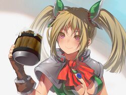  beer_mug blonde_hair breasts chrono_cross closed_mouth cup dainatsu female fingerless_gloves gloves highres jewelry long_hair looking_at_viewer mug orlha_(chrono_cross) simple_background smile solo twintails 