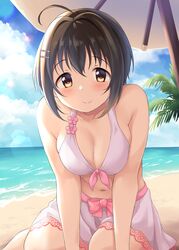  ahoge bare_arms bare_shoulders beach bikini bikini_skirt blush bow bow_bikini breasts breasts_squeezed_together brown_eyes brown_hair cleavage closed_mouth cloud cloudy_sky collarbone commentary_request day dekosuke female floral_print flower front-tie_bikini_top front-tie_top hair_between_eyes hair_ornament highres idolmaster idolmaster_cinderella_girls kohinata_miho leaning_forward lens_flare looking_at_viewer medium_breasts navel ocean outdoors palm_tree parasol pink_bow short_hair sitting skirt sky smile solo straight_hair sunlight swimsuit tree umbrella white_bikini white_skirt 