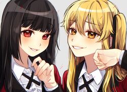  2girls bad_id bad_twitter_id bamme_o3o black_hair black_ribbon blonde_hair blunt_bangs brown_eyes collared_shirt commentary dress_shirt grey_background grin hand_up highres hyakkaou_academy_school_uniform jabami_yumeko jacket kakegurui long_hair long_sleeves looking_at_viewer multiple_girls red_eyes red_jacket ribbon saotome_mary school_uniform shirt simple_background smile symbol-only_commentary teeth twintails white_shirt 