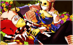  1boy afro arch_bishop_(ragnarok_online) black_hair black_pants blue_dress blue_scarf clenched_teeth coat commentary_request cross dress feet_out_of_frame female flower juliet_sleeves long_hair long_sleeves looking_at_another mask masquerade_mask minstrel_(ragnarok_online) multicolored_hair nyt_(1-0-z) pants polka_dot polka_dot_scarf puffy_sleeves purple_flower ragnarok_online red_coat red_flower red_hair red_scarf sash scarf strapless strapless_dress striped_clothes striped_scarf teeth thighhighs twig white_hair white_legwear white_scarf yellow_flower yellow_sash 