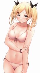  :&lt; arm_at_side bikini blonde_hair blush bracelet breasts cleavage closed_mouth collarbone cowboy_shot dutch_angle female front-tie_bikini_top front-tie_top frown grey_eyes hair_ornament hair_ribbon hairclip halterneck hand_on_own_arm highres jewelry looking_at_viewer mole mole_under_eye navel red_hayao ribbon shirobako side-tie_bikini_bottom simple_background small_breasts solo string_bikini swept_bangs swimsuit twintails white_background white_bikini yano_erika 