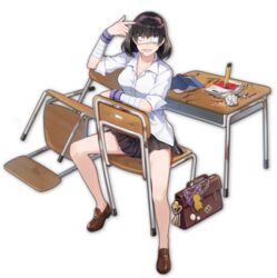  artist_request bag bandaged_arm bandages book bookbag bow boxcutter brown_footwear chair charm_(object) crumpled_paper damaged desk eyepatch female finger_gun finger_gun_to_head game_cg heart heart_print houndstooth hyakkaou_academy_school_uniform ikishima_midari kakegurui looking_at_viewer mahjong_soul official_art one_eye_covered piercing pleated_skirt purple_bow purple_lips school_uniform shirt simple_background sitting sitting_backwards skirt solo tachi-e third-party_source transparent_background white_shirt yellow_eyes 