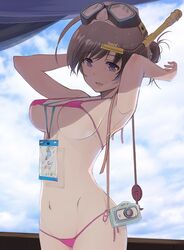  ahoge armpits arms_up bikini black_hair blue_eyes blue_sky breasts cameltoe camera carrying cellphone cloud cloudy_sky commentary cowboy_shot day diving_mask diving_mask_on_head female girls_und_panzer goggles goggles_on_head google_chrome google_drive hair_bun hair_ornament hair_scrunchie hair_up ios_(os) iphone isuzu_hana lanyard large_breasts looking_at_viewer lowleg lowleg_bikini medium_hair micro_bikini navel open_mouth outdoors phone pink_bikini scrunchie side-tie_bikini_bottom single_hair_bun sky smartphone smile snorkel solo standing string_bikini swimsuit translucent twitter twitter_logo water yurikuta_tsukumi 