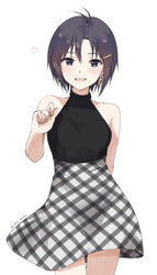  :d antenna_hair argyle_clothes argyle_skirt arm_behind_back artist_name bare_shoulders black_eyes black_hair black_shirt black_skirt blush collarbone commentary cowboy_shot curled_fingers earrings female hair_between_eyes hair_ornament hairclip halterneck hand_up head_tilt idolmaster idolmaster_(classic) jewelry kikuchi_makoto light_blush looking_at_viewer mogskg parted_lips plaid plaid_skirt shirt short_hair simple_background skirt sleeveless sleeveless_shirt smile solo standing straight-on twitter_username two-tone_skirt white_background white_skirt 