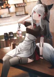  absurdres alternate_costume animal_ears apron arknights arm_support black_skirt black_thighhighs blurry blurry_background closed_mouth coffee_beans coffee_maker coffee_pot crossed_legs female flippy_(cripine111) fox_ears fox_girl fox_tail frostleaf_(arknights) hair_ornament hand_on_headphones head_tilt headdress headphones highres light_blush long_hair looking_at_viewer maid miniskirt puffy_short_sleeves puffy_sleeves red_eyes short_sleeves sitting sitting_on_table skirt solo table tail thigh_strap thighhighs waist_apron white_hair wristband zettai_ryouiki 