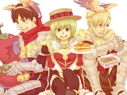  2boys armor bell black_footwear black_gloves blonde_hair blue_eyes blush boitata breastplate brown_eyes brown_hair butter cape chainmail champion_(ragnarok_online) championship_belt coat commentary_request cross cup_ramen fake_wings feet_out_of_frame female food fork gauntlets gloves godiva_chocolatier gradient_wings green_eyes green_hair hairband head_wings holding holding_fork holding_plate instant_soba jingle_bell leg_armor looking_at_viewer looking_to_the_side lord_knight_(ragnarok_online) multicolored_wings multiple_boys noodles nyt_(1-0-z) open_clothes open_coat open_mouth orange_wings pancake pauldrons plate purple_wings ragnarok_online red_cape red_gloves red_scarf scarf short_hair shoulder_armor sleeveless sleeveless_coat smile snake soba spiked_gauntlets syrup tabard two-tone_gloves white_coat winged_hairband wings yakisoba 