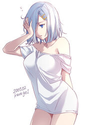  artist_name bad_id bad_twitter_id blue_eyes breasts collarbone commentary_request cowboy_shot dated female grey_hair hair_ornament hair_over_one_eye hairclip hamakaze_(kancolle) hand_on_own_face kantai_collection kurage1 large_breasts off-shoulder_shirt off_shoulder one-hour_drawing_challenge shirt short_hair simple_background sleepy solo standing t-shirt white_background white_shirt 