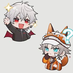  2boys ? animal_ear_headwear animal_ears blue_eyes brown_hair chibi fake_animal_ears fox_hat grey_hair hair_behind_ear highres kuzuha_(nijisanji) looking_at_viewer male_focus mole mole_under_eye multiple_boys mysta_rias mysta_rias_(1st_costume) neru_(jojo86080879) nijisanji nijisanji_en oerba_yun_fang open_mouth orange_shirt red_eyes shirt short_hair skin_fang virtual_youtuber 