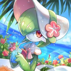  bonnet bubble colored_skin drinking_straw female flower gardevoir gardevoir_(fashionable) green_hair highres ice kagure_(karaguren) lens_flare looking_at_viewer ocean outdoors placemat pokemon pokemon_(creature) pokemon_unite red_eyes smile soda solo summer table white_skin 