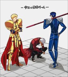  3boys akujiki59 anger_vein annoyed archer_(fate) armor blonde_hair blue_hair closed_eyes commentary crossed_arms cu_chulainn_(fate) cu_chulainn_(fate/stay_night) earrings fate/stay_night fate_(series) full_body gae_bolg_(fate) gilgamesh_(fate) holding holding_weapon jewelry looking_at_another male_focus multiple_boys polearm ponytail shoulder_armor spear squatting sweatdrop translated twitter_username weapon white_hair 