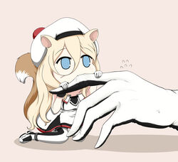  animal_ears beret biting black_gloves black_thighhighs blonde_hair blue_eyes blush chibi dress female flying_sweatdrops gloves hat highres kantai_collection long_hair mole mole_under_eye multicolored_clothes multicolored_gloves pom_pom_(clothes) richelieu_(kancolle) shadow solo squirrel_ears squirrel_tail tail thighhighs white_dress white_gloves white_hat white_thighhighs yakuto007 yellow_background 