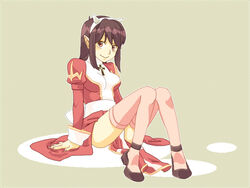  black_footwear breasts brown_hair closed_mouth commentary_request cross dress female fingernails full_body high_heels high_priest_(ragnarok_online) juliet_sleeves long_fingernails long_hair long_sleeves looking_at_viewer medium_breasts nyt_(1-0-z) pink_thighhighs puffy_sleeves ragnarok_online red_dress red_eyes sash sitting smile solo thighhighs two-tone_dress white_dress white_sash 