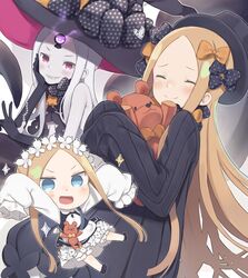  :d abigail_williams_(fate) abigail_williams_(festival_outfit)_(fate) abigail_williams_(third_ascension)_(fate) black_bow black_dress black_footwear black_gloves black_headwear blonde_hair blue_eyes blush bow bug butterfly butterfly_hair_ornament chibi closed_eyes closed_mouth colored_skin commentary_request dress elbow_gloves fate/grand_order fate_(series) female forehead gloves grey_skin grin hair_ornament hairbow hat hat_bow highres hugging_object keyhole long_hair long_sleeves multiple_views official_alternate_costume open_mouth orange_bow parted_bangs polka_dot polka_dot_bow print_bow red_eyes sharp_teeth shirt shoes sleeveless sleeveless_dress sleeves_past_fingers sleeves_past_wrists smile sparkle star_(symbol) star_print stuffed_animal stuffed_toy teddy_bear teeth totatokeke v v-shaped_eyebrows very_long_hair white_hair white_shirt witch_hat 