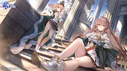  2girls ahoge ankle_boots azur_lane bare_shoulders belt blush boots breasts brown_eyes cape choker cleavage closed_mouth collarbone commentary_request copyright_name day epaulettes fur_trim gold_trim green_eyes hat highres impero_(azur_lane) logo long_hair long_sleeves looking_at_viewer medium_breasts multiple_girls official_art outdoors pink_hair pleated_skirt pompeo_magno_(azur_lane) shoichi_(ekakijin) simple_background sitting skirt stairs statue sunlight uniform 