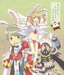  2boys \m/ animal_ears animal_hat argyle_clothes argyle_coat bikini black_scarf blue_scarf blush bow bracer breasts brown_footwear brown_hair cleavage coat commentary_request cowboy_shot fake_animal_ears feathered_wings female flask flip-flops full_body genetic_(ragnarok_online) gloves green_background green_eyes green_hair hat large_bow long_hair looking_at_viewer mask medium_breasts midriff minstrel_(ragnarok_online) multiple_boys nyt_(1-0-z) open_mouth pants paw_pose polka_dot polka_dot_scarf rabbit_ears rabbit_hat ragnarok_online red_bikini red_bow red_coat respirator round-bottom_flask sandals scarf short_hair smile striped_clothes striped_scarf swimsuit translation_request vial wanderer_(ragnarok_online) white_gloves white_pants white_scarf white_wings wings 