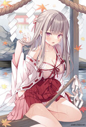  bare_shoulders blush breasts cleavage clothing_cutout collarbone female grey_hair hair_ornament hair_ribbon hakama hakama_short_skirt hakama_skirt hoshino_koucha japanese_clothes kimono long_hair miko original panties pantyshot pink_eyes red_hakama ribbon see-through side_cutout skirt underwear wet wet_clothes white_kimono white_panties 