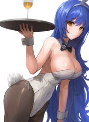  absurdres animal_ears black_bow black_bowtie black_pantyhose blue_hair bow bowtie breasts chan1moon commission cup detached_collar drinking_glass fake_animal_ears female girls&#039;_frontline highres holding holding_tray large_breasts leotard long_hair official_alternate_costume pantyhose pixiv_commission playboy_bunny rabbit_ears rabbit_tail side-tie_leotard solo strapless strapless_leotard tail tar-21_(girls&#039;_frontline) tar-21_(night_at_the_bar)_(girls&#039;_frontline) tray white_leotard wrist_cuffs yellow_eyes 