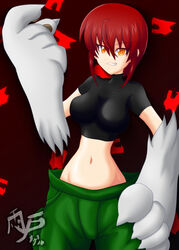  ameto_nagel babydoll_t-shirt baggy_pants breasts cargo_pants female groin impossible_pants loose_pants lowleg lowleg_pants midriff navel no_panties orange_eyes pants paws red_hair riza_wildman short_hair smirk 