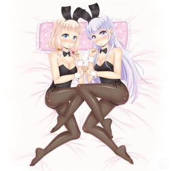  2girls absurdres animal_ears bed black_bow black_bowtie black_leotard black_pantyhose blonde_hair blue_eyes bow bowtie commentary_request detached_collar fake_animal_ears fishnet_pantyhose fishnets hair_down highres holding_hands leotard long_hair looking_at_viewer low_twintails lying multiple_girls new_game! on_side pantyhose pillow playboy_bunny purple_eyes purple_hair rabbit_ears rabbit_tail sainohikari sakura_nene strapless strapless_leotard suzukaze_aoba tail twintails wrist_cuffs yuri 