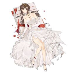  ankle_garter breasts brown_hair cleavage closed_eyes detached_sleeves dress falcon_(girls&#039;_frontline) falcon_(song_of_the_morning_dew)_(girls&#039;_frontline) female flower girls&#039;_frontline gloves hair_ornament hao_(patinnko) high_heels jewelry laurel_crown long_hair lying medium_breasts necklace official_alternate_costume official_art on_back panties pearl_necklace petals red_ribbon ribbon rose simple_background solo third-party_source too_many_flowers torn_clothes torn_dress torn_gloves torn_sleeves transparent_background underwear weapon_case wedding_dress white_dress white_footwear white_gloves white_panties white_sleeves 