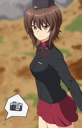  ada_badguy blush breasts brown_eyes brown_hair closed_mouth female girls_und_panzer hat highres kuromorimine_military_uniform looking_at_viewer medium_breasts military military_uniform miniskirt nishizumi_maho outdoors pleated_skirt red_skirt shiny_skin short_hair skirt solo standing uniform 