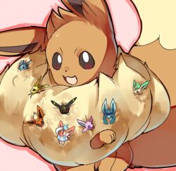  :d black_eyes commentary eevee english_commentary espeon evolutionary_line flareon gigantamax gigantamax_eevee glaceon jaibus jolteon leafeon looking_at_viewer no_humans open_mouth pokemon pokemon_(creature) prehensile_ribbon smile sylveon umbreon vaporeon 