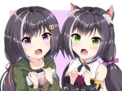  2girls animal_ear_fluff animal_ears black_hair black_ribbon blush bodice book bow cat_ears cat_girl cat_hair_ornament collarbone commentary_request detached_sleeves dual_persona gem green_eyes green_jacket hair_ornament hairbow hairclip highres holding holding_book jacket karyl_(princess_connect!) karyl_(real)_(princess_connect!) long_hair long_sleeves multicolored_hair multiple_girls oerba_yun_fang open_mouth partial_commentary princess_connect! purple_bow purple_eyes red_ribbon ribbon shirt skin_fang sleeveless sleeveless_shirt streaked_hair twintails upper_body white_hair white_shirt yuuhi_(yuyuhihi) 