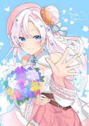  belt blue_eyes blush bouquet braid brown_belt character_name commentary crown english_commentary female flower hair_bun heart highres holding holding_bouquet indie_virtual_youtuber kgr lyrica_(vtuber) pink_hair pink_skirt single_hair_bun skirt smile solo virtual_youtuber waving 