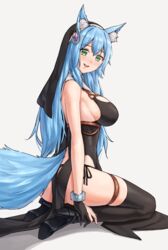  :d animal_ear_fluff animal_ears ass bare_shoulders black_dress black_footwear black_gloves black_headwear black_thighhighs blue_hair blue_nails borrowed_character breasts commentary detached_collar dress english_commentary female fox_ears fox_girl fox_tail full_body gloves green_eyes high_heels large_breasts long_hair looking_at_viewer looking_to_the_side open_mouth original partially_fingerless_gloves pelvic_curtain sarhce seiza sideboob simple_background sister_reine_(foxyreine) sitting sleeveless sleeveless_dress smile solo tail teeth thigh_strap thighhighs upper_teeth_only veil white_background 