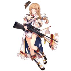  armband black_armband black_footwear black_hat black_wrist_cuffs blue_ribbon blush boots breasts brown_eyes brown_hair cleavage closed_mouth female full_body girls&#039;_frontline gun hair_ribbon hat high_heel_boots high_heels holding holding_gun holding_weapon knee_boots kneehighs light_frown long_hair looking_at_viewer medium_breasts military_hat natie_(latte) official_art platform_footwear pleated_skirt ribbon rifle scope shoes simple_background skirt sniper_rifle socks solo ssg_69_(girls&#039;_frontline) third-party_source torn_clothes torn_skirt transparent_background unworn_hat unworn_headwear weapon white_skirt white_socks wrist_cuffs 