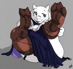  3_toes alpha_channel anthro blush bodily_fluids bovid caprine clothing curved_horn curvy_figure cute_fangs dressing feet female foot_focus garter_straps goat hi_res horn legs_up legwear mammal nylons open_mouth putting_on_socks robe soles solo stockings stormdragonblue thick_thighs toes toriel undertale undertale_(series) white_body wrinkles 