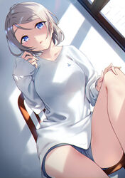  :o absurdres black_shorts blue_eyes chair commentary dutch_angle female grey_hair hand_on_own_knee highres knee_up lens_flare long_sleeves looking_at_viewer love_live! love_live!_sunshine!! playing_with_own_hair shirt short_hair short_shorts shorts sitting solo watanabe_you white_shirt window yamaori_(yamaorimon) 